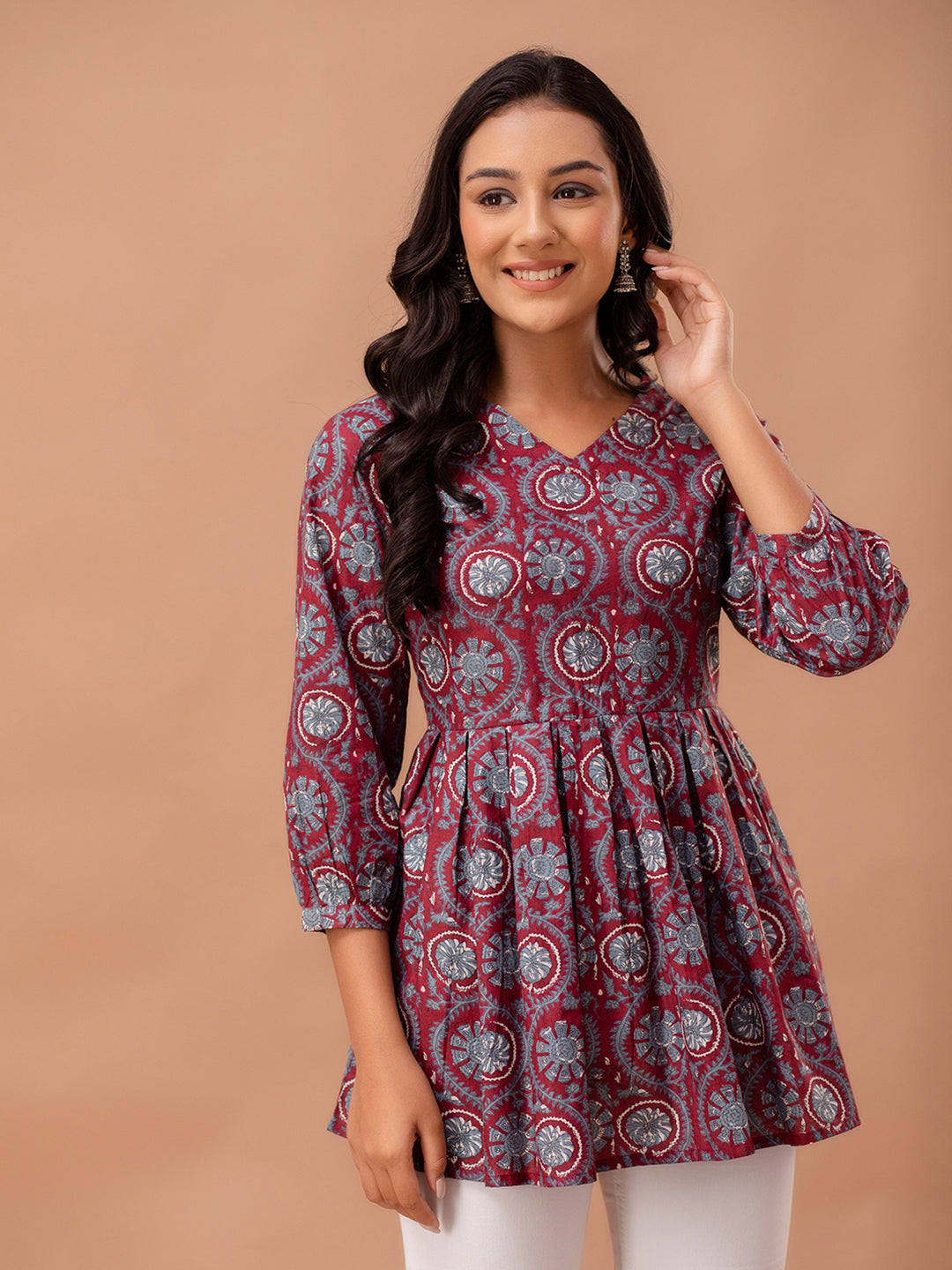 Floral Printed V-Neck Pure Cotton Pleated A-Line Kurti FRKT6290