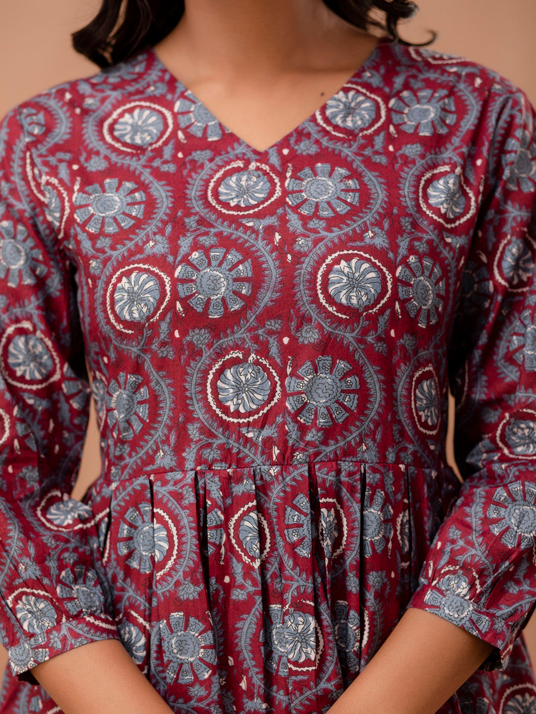 Floral Printed V-Neck Pure Cotton Pleated A-Line Kurti FRKT6290