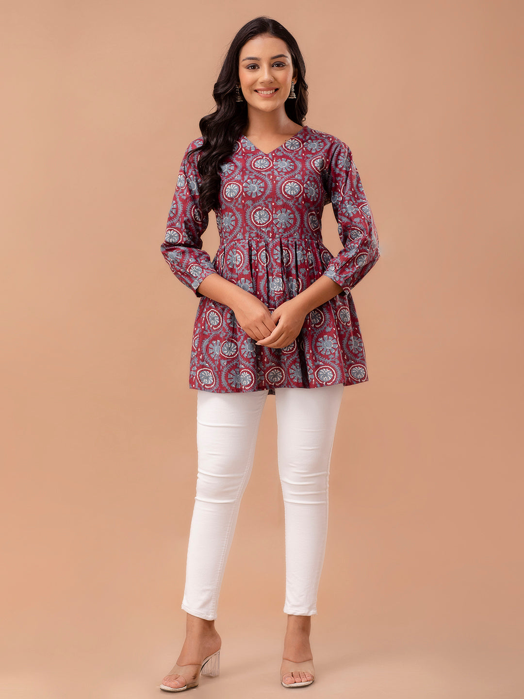 Floral Printed V-Neck Pure Cotton Pleated A-Line Kurti FRKT6290
