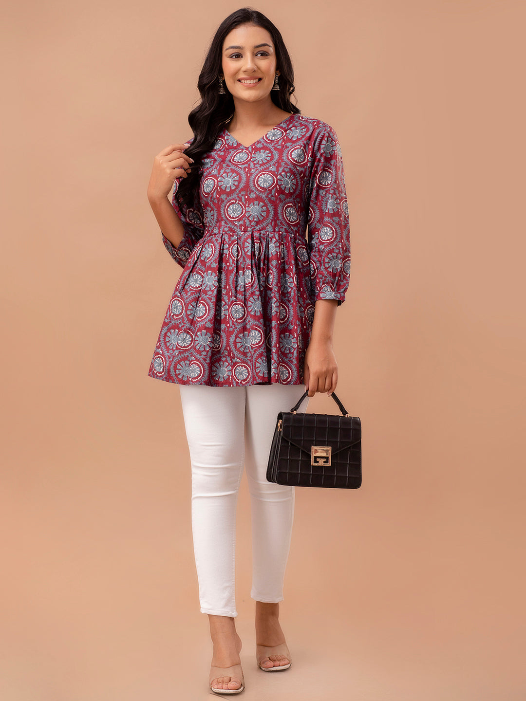 Floral Printed V-Neck Pure Cotton Pleated A-Line Kurti FRKT6290