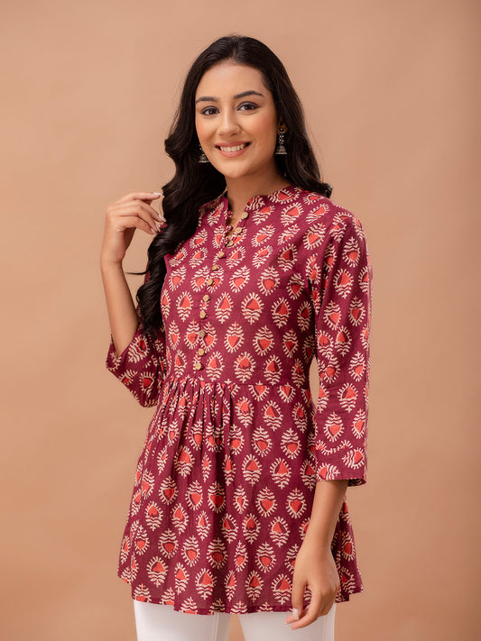Floral Printed Pure Cotton Pleated A-Line Kurti FRKT6229