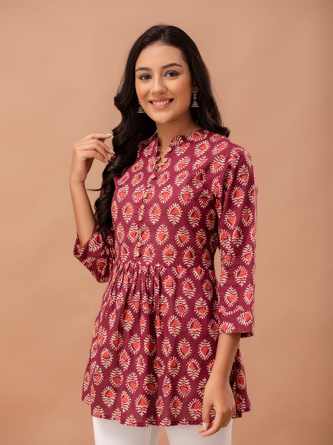 Floral Printed Pure Cotton Pleated A-Line Kurti FRKT6229