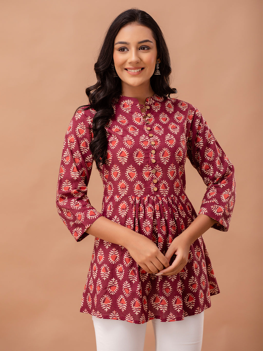 Floral Printed Pure Cotton Pleated A-Line Kurti FRKT6229