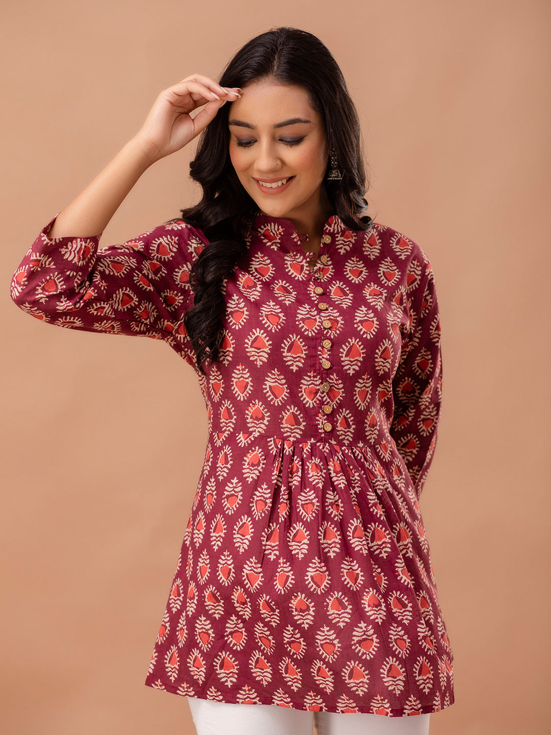 Floral Printed Pure Cotton Pleated A-Line Kurti FRKT6229
