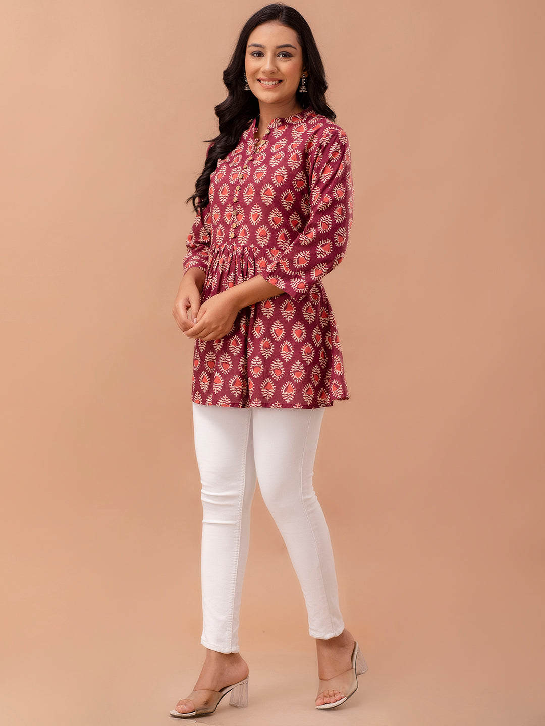 Floral Printed Pure Cotton Pleated A-Line Kurti FRKT6229