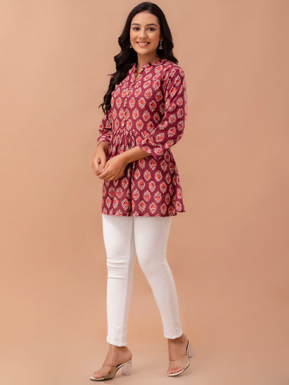 Floral Printed Pure Cotton Pleated A-Line Kurti FRKT6229