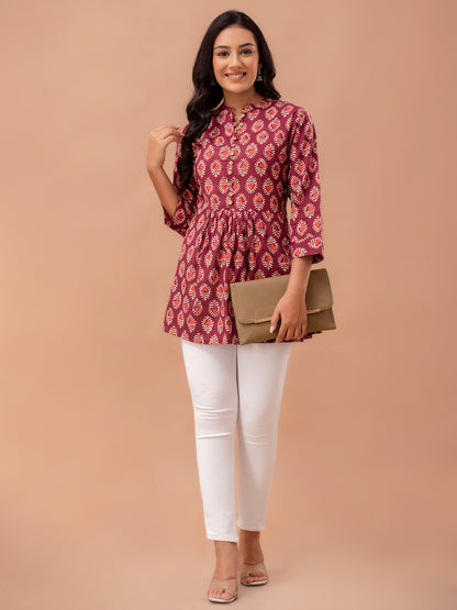 Floral Printed Pure Cotton Pleated A-Line Kurti FRKT6229