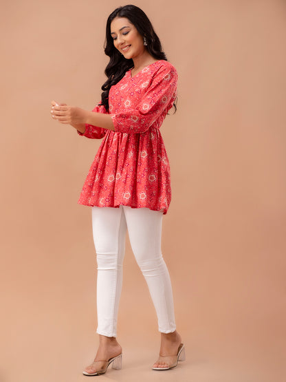 Floral Printed V-Neck Pure Cotton Pleated A-Line Kurti FRKT6291