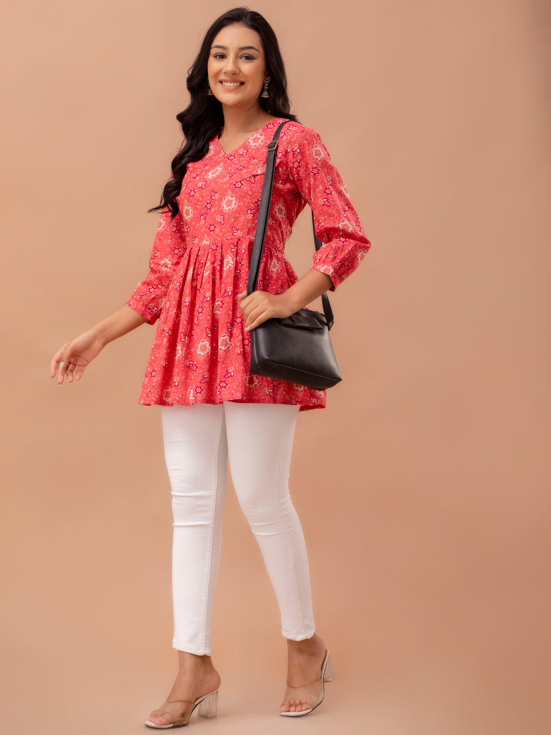 Floral Printed V-Neck Pure Cotton Pleated A-Line Kurti FRKT6291