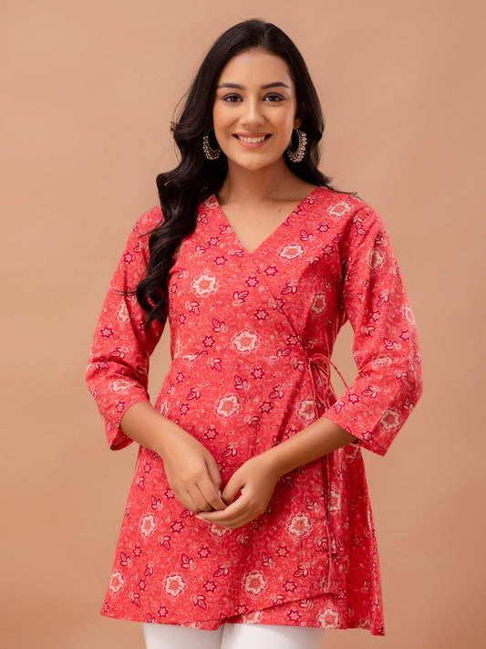 Floral Printed V-Neck Pure Cotton Angrakha A-Line Kurti FRKT6269