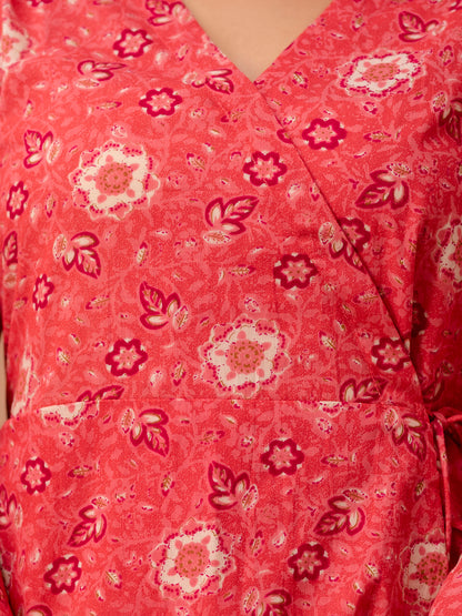 Floral Printed V-Neck Pure Cotton Angrakha A-Line Kurti FRKT6269