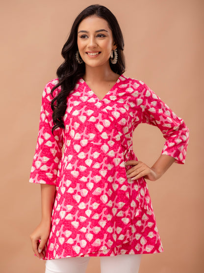 Floral Printed V-Neck Pure Cotton Angrakha A-Line Kurti FRKT6270