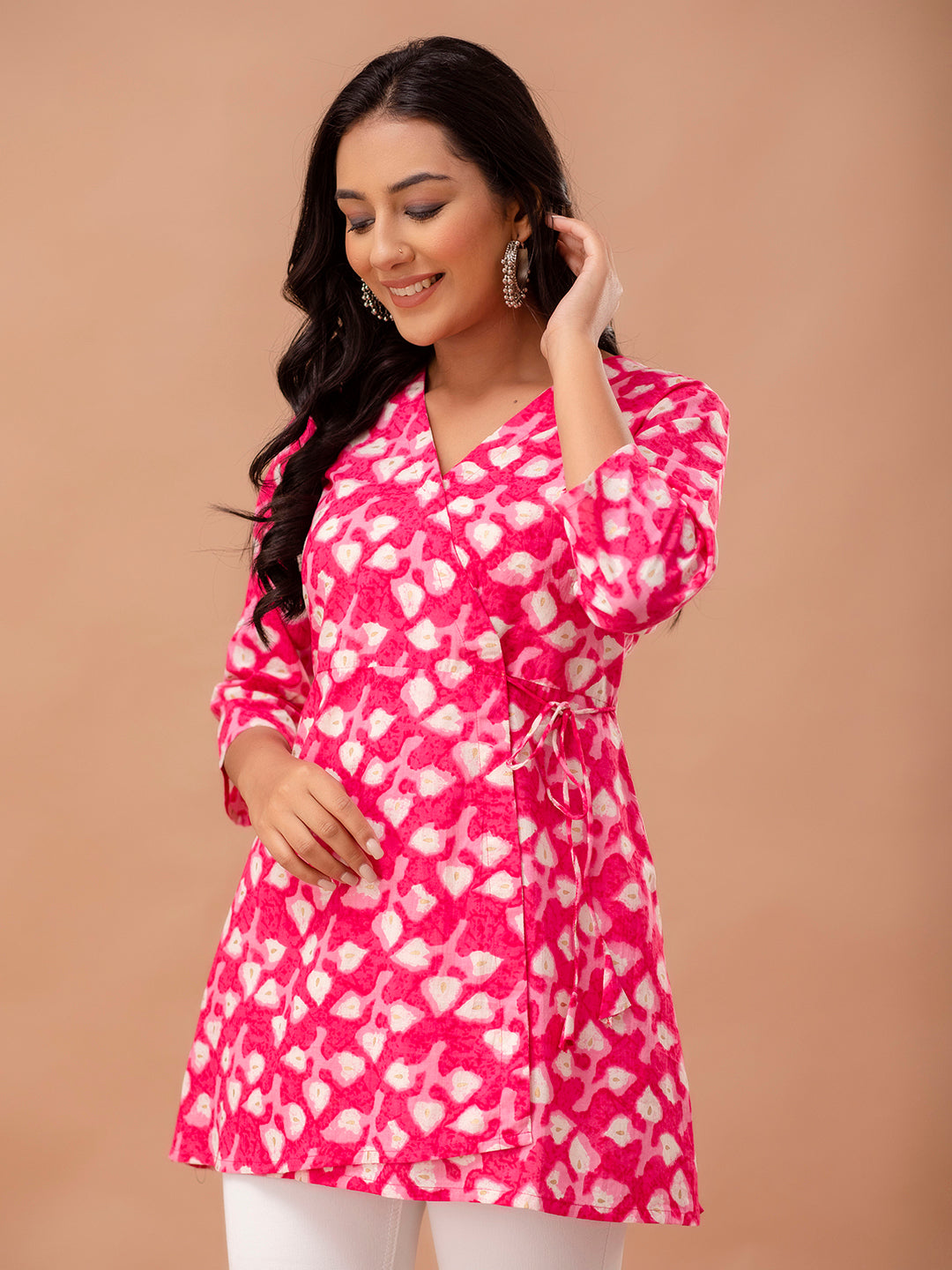 Floral Printed V-Neck Pure Cotton Angrakha A-Line Kurti FRKT6270