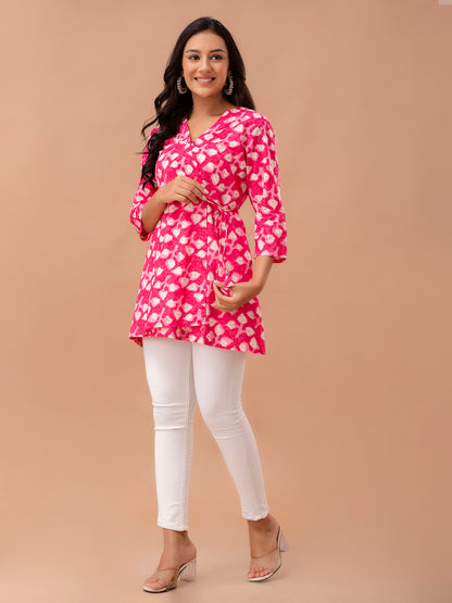 Floral Printed V-Neck Pure Cotton Angrakha A-Line Kurti FRKT6270