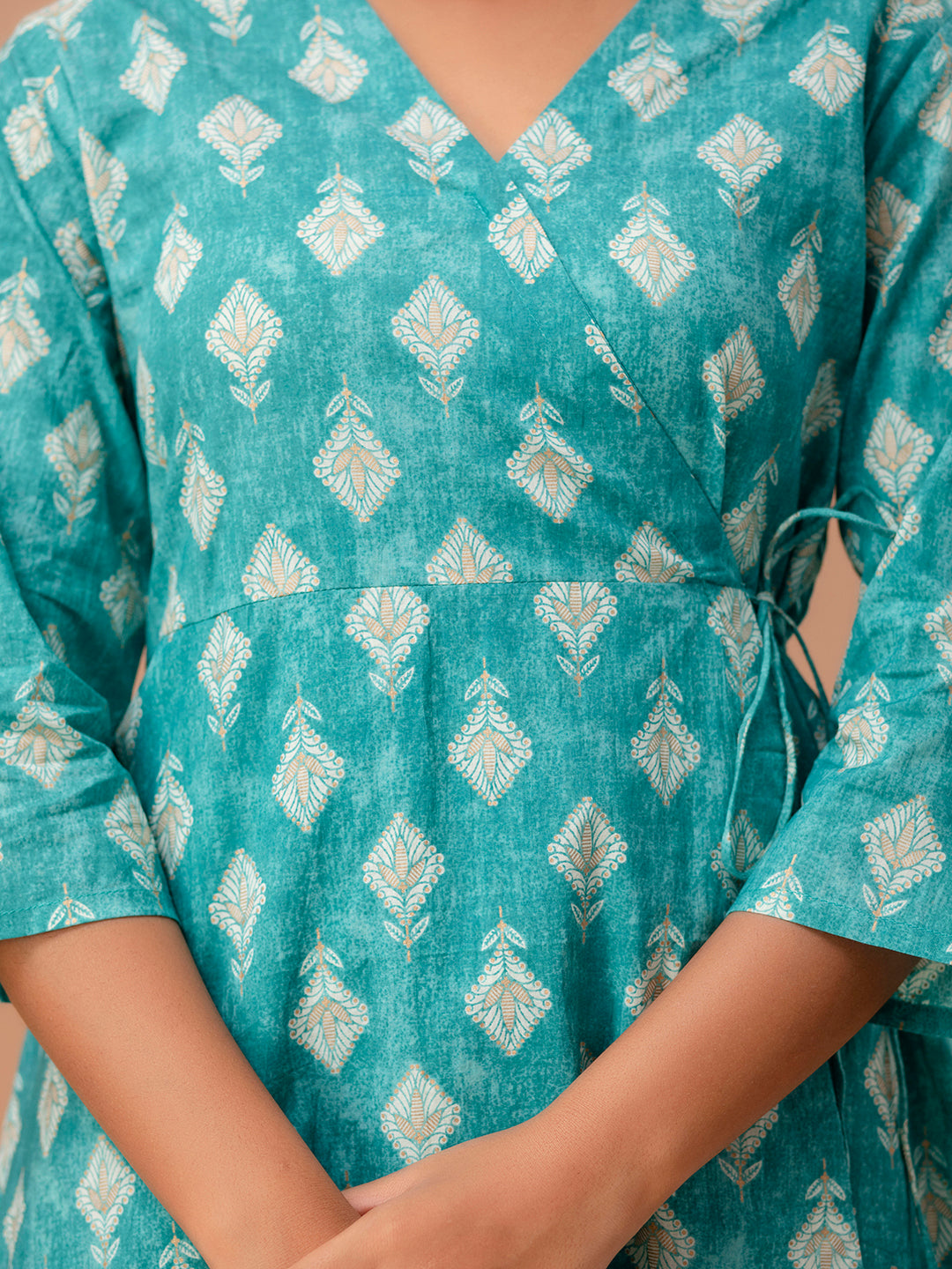 Floral Printed V-Neck Pure Cotton Angrakha A-Line Kurti FRKT6271