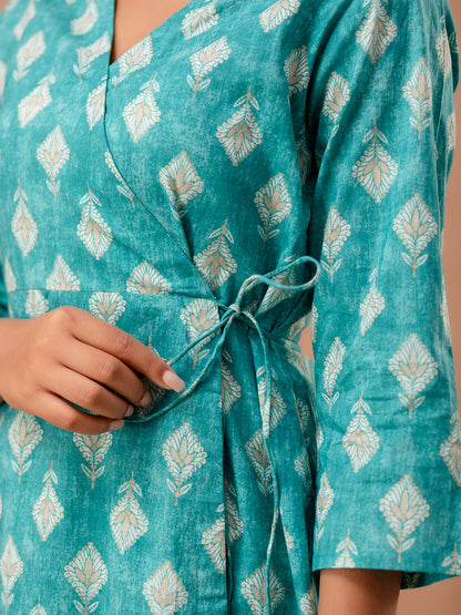 Floral Printed V-Neck Pure Cotton Angrakha A-Line Kurti FRKT6271