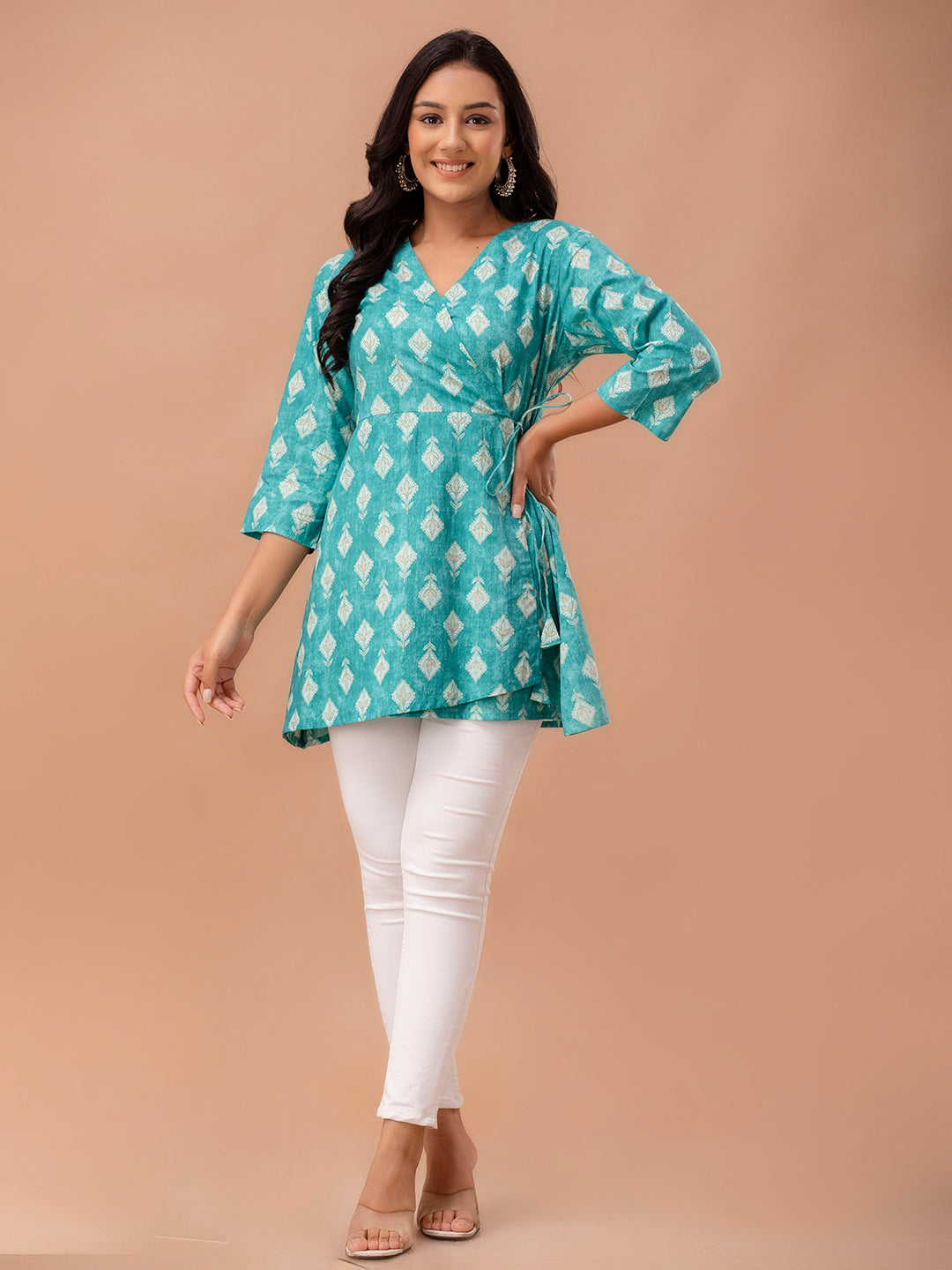 Floral Printed V-Neck Pure Cotton Angrakha A-Line Kurti FRKT6271