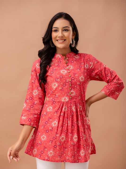 Floral Printed Pure Cotton Pleated A-Line Kurti FRKT6230