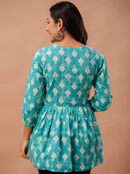 Floral Printed V-Neck Pure Cotton Pleated A-Line Kurti FRKT6292