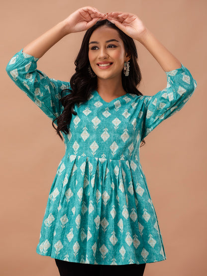 Floral Printed V-Neck Pure Cotton Pleated A-Line Kurti FRKT6292