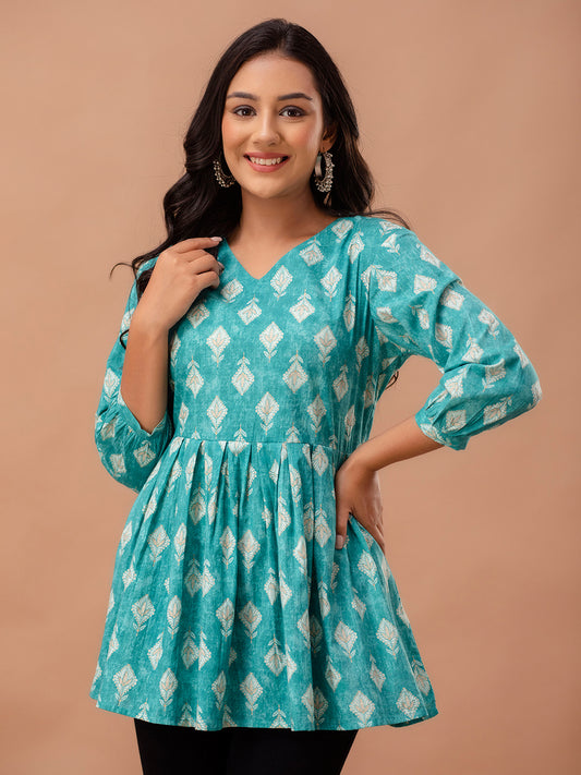 Floral Printed V-Neck Pure Cotton Pleated A-Line Kurti FRKT6292