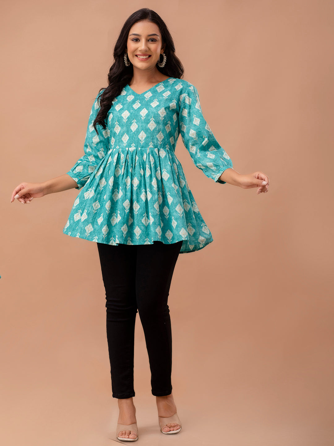 Floral Printed V-Neck Pure Cotton Pleated A-Line Kurti FRKT6292