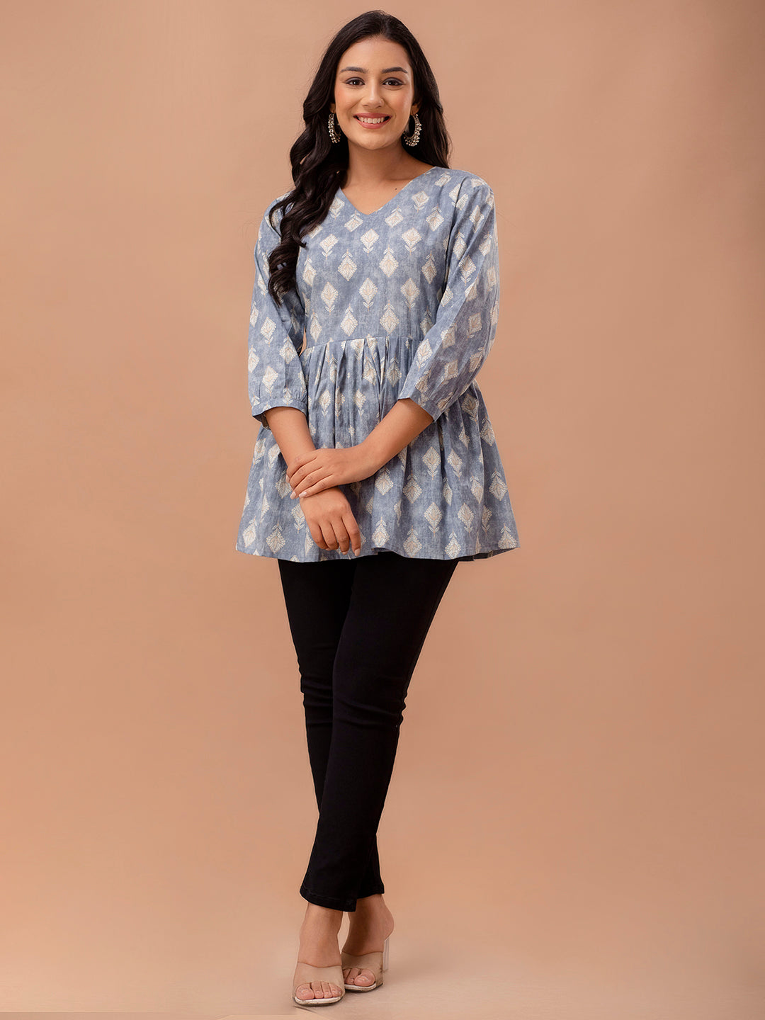 Floral Printed V-Neck Pure Cotton Pleated A-Line Kurti FRKT6293