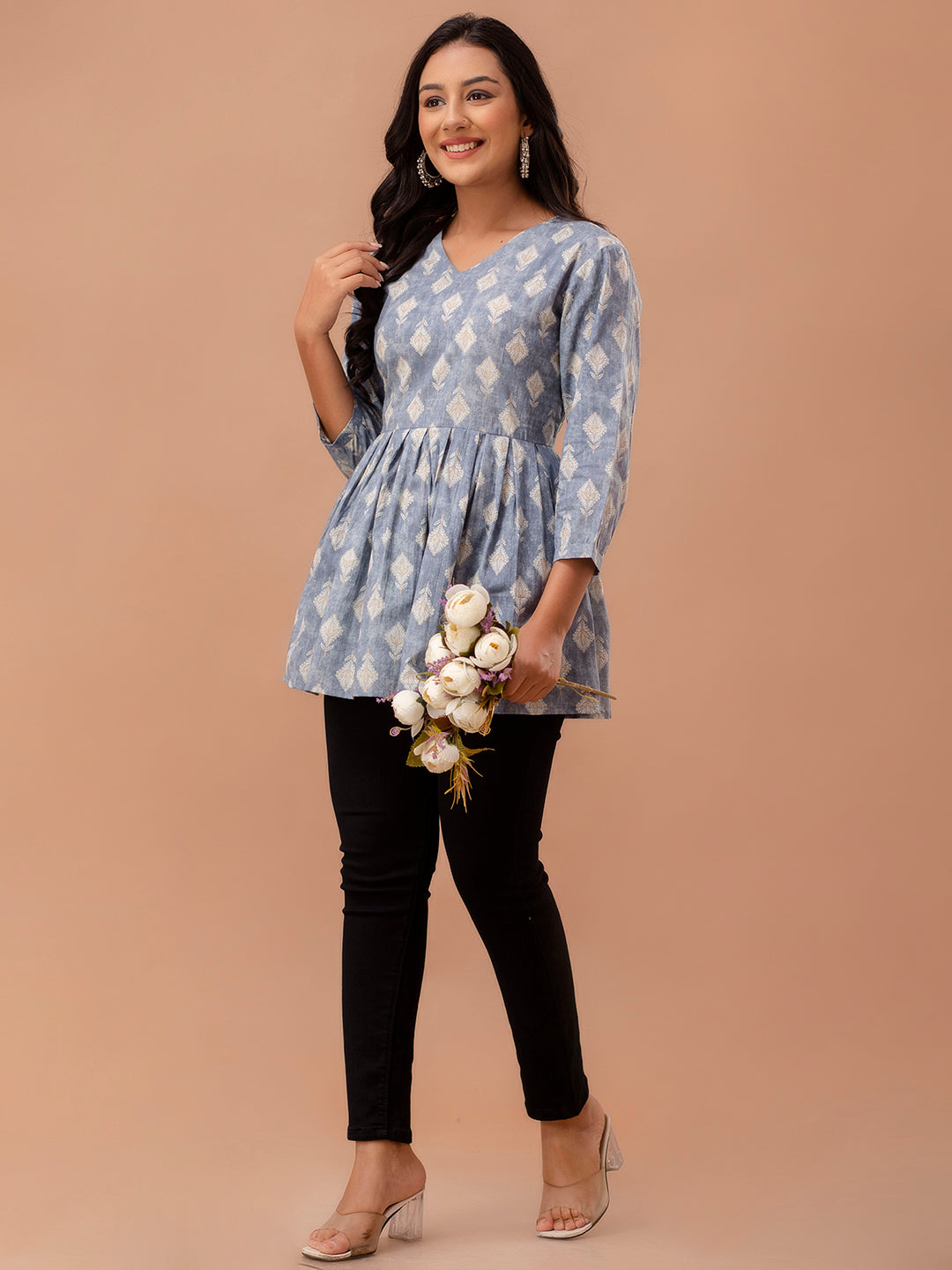 Floral Printed V-Neck Pure Cotton Pleated A-Line Kurti FRKT6293