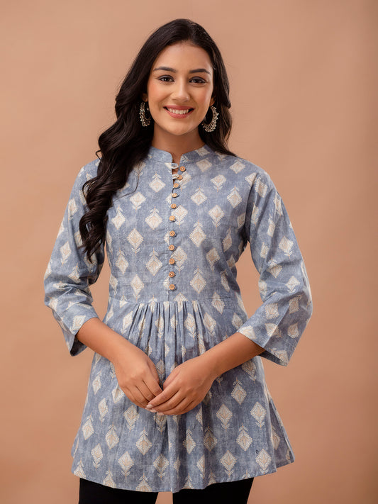 Floral Printed Pure Cotton Pleated A-Line Kurti FRKT6226