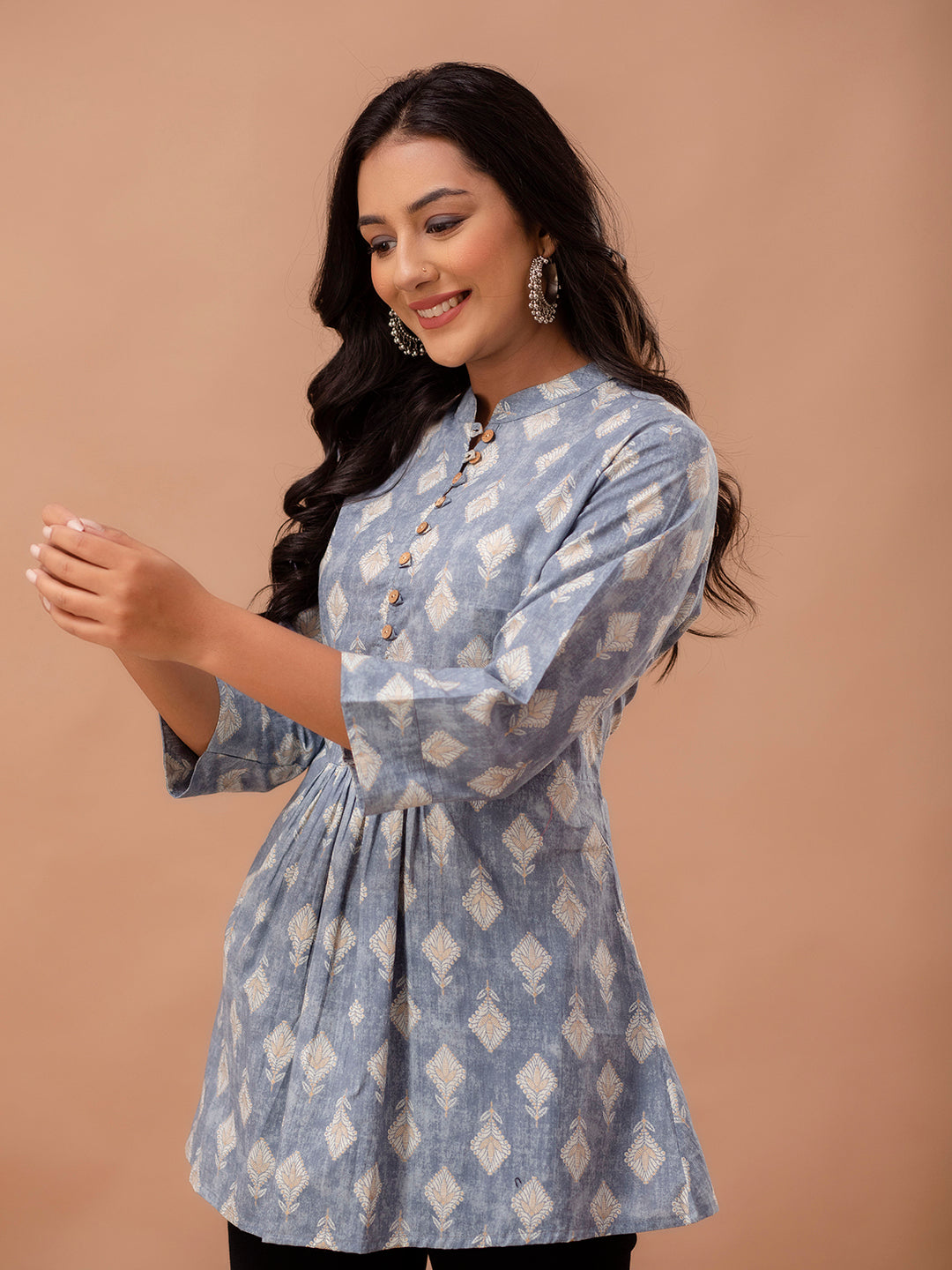 Floral Printed Pure Cotton Pleated A-Line Kurti FRKT6226