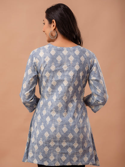 Ethnic Motifs Printed Gathers Cotton Tunic FRKT6267