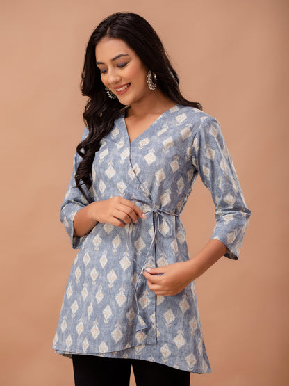 Ethnic Motifs Printed Gathers Cotton Tunic FRKT6267
