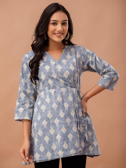 Ethnic Motifs Printed Gathers Cotton Tunic FRKT6267