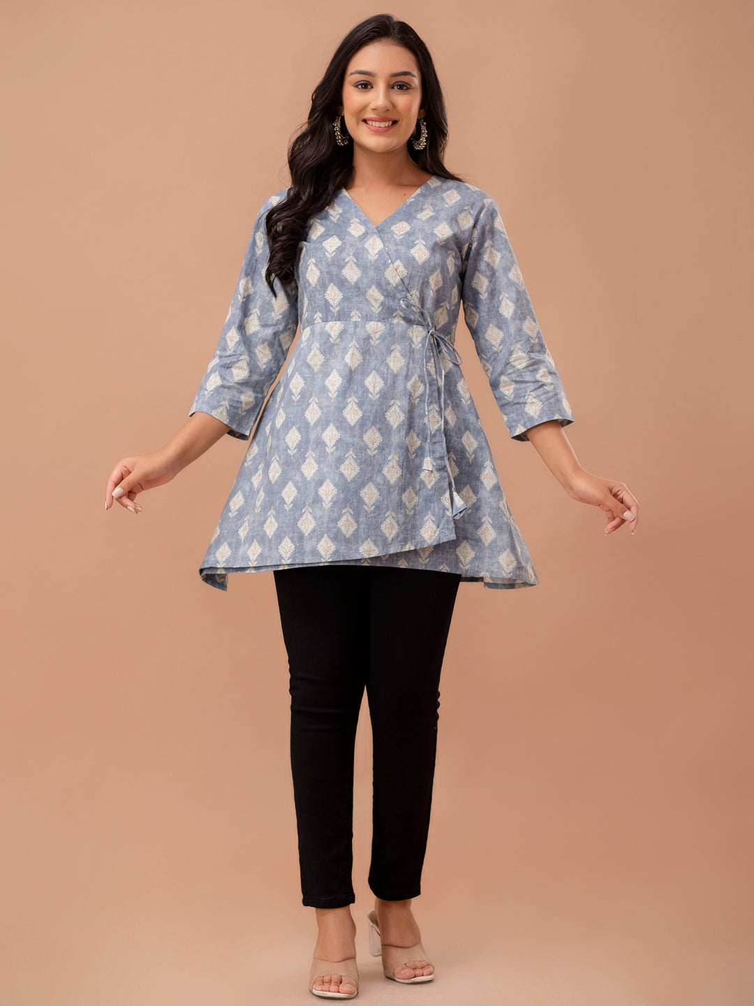 Ethnic Motifs Printed Gathers Cotton Tunic FRKT6267