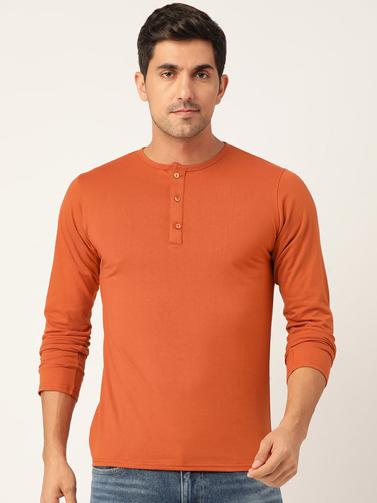 Plain Rust Brown Henley Full Sleeves T-Shirt