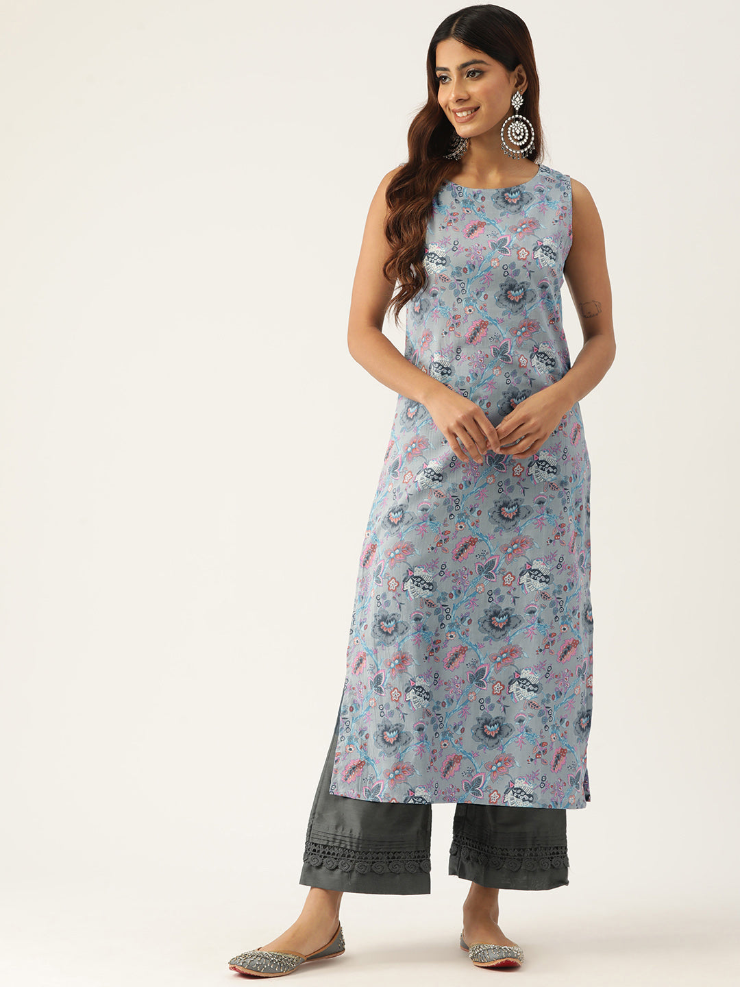 Feranoid Cotton Boat Neck Sleeveless Straight Kurti FRKT6340