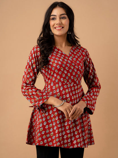 Ethnic Motifs Printed Gathers Cotton Tunic FRKT6128