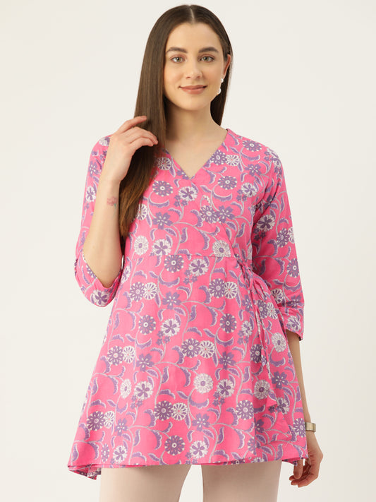 Floral Print Angrakha 3\4 Sleeves Flared Kurti FRKT6479