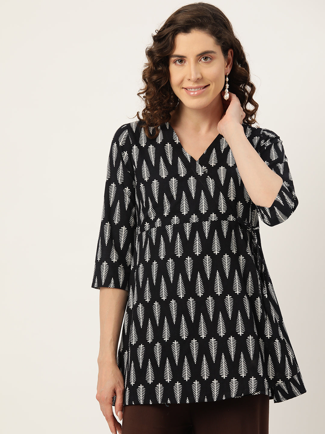 Floral Print Angrakha 3\4 Sleeves Flared Kurti FRKT6477