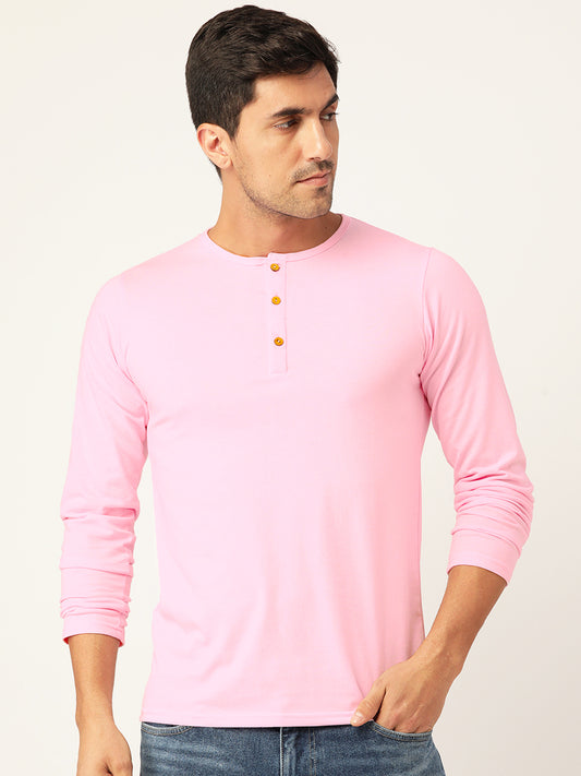 Plain Baby Pink Henley Full Sleeves T-Shirt