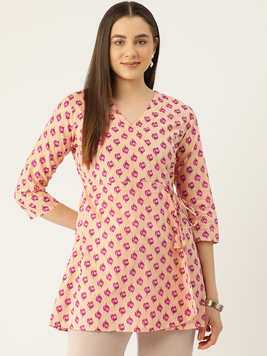 Floral Print Angrakha 3\4 Sleeves Flared Kurti FRKT6483