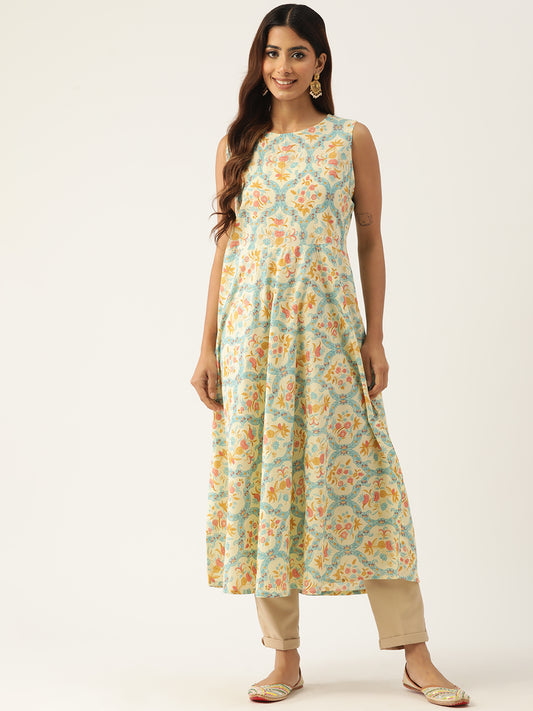 Feranoid Cotton Printed Sleeveless A-Line Flared Kurti FRKT6335