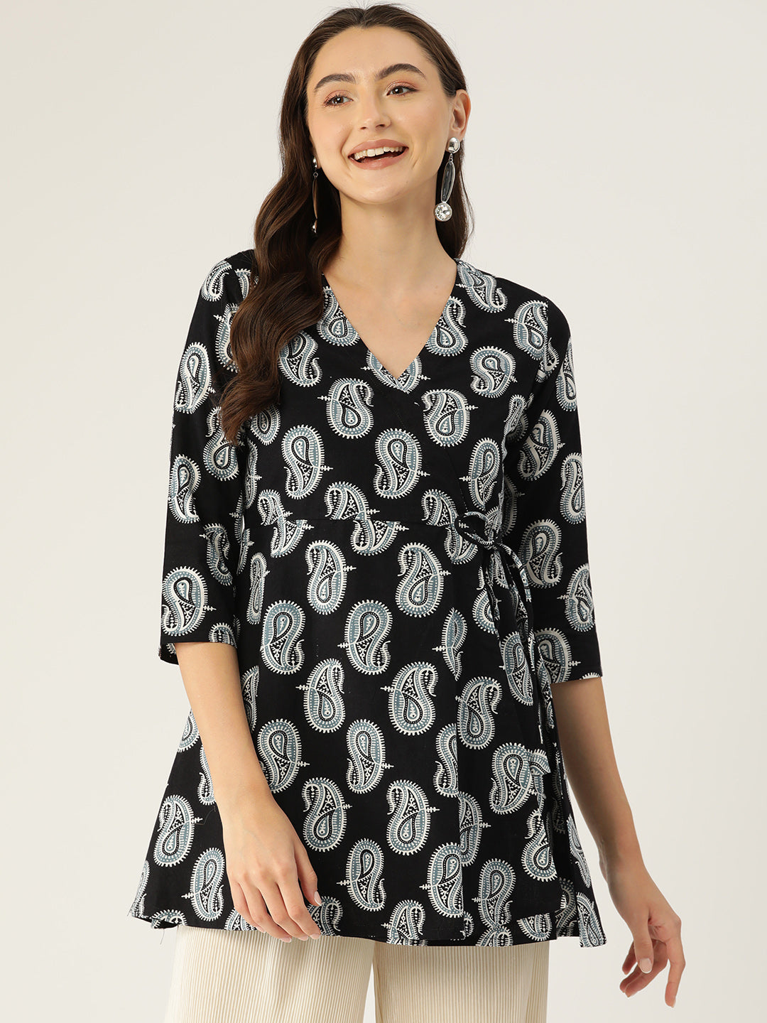 Floral Print Angrakha 3\4 Sleeves Flared Kurti FRKT6475