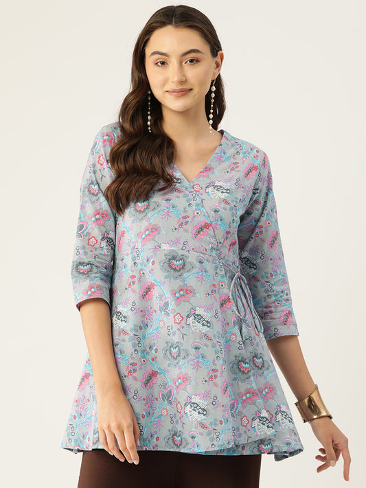 Floral Print Angrakha 3\4 Sleeves Flared Kurti