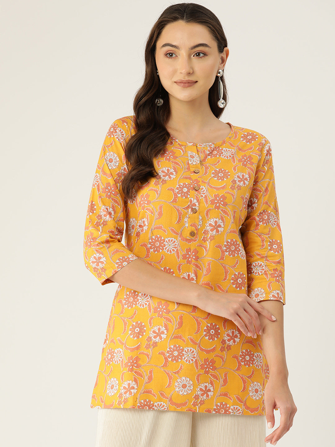 Floral Print 4 Button Straight Kurti FRKT6464