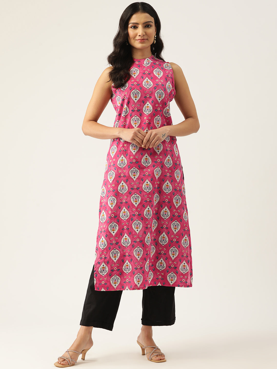 Feranoid Cotton Printed Sleeveless Straight Long Kurti FRKT6330