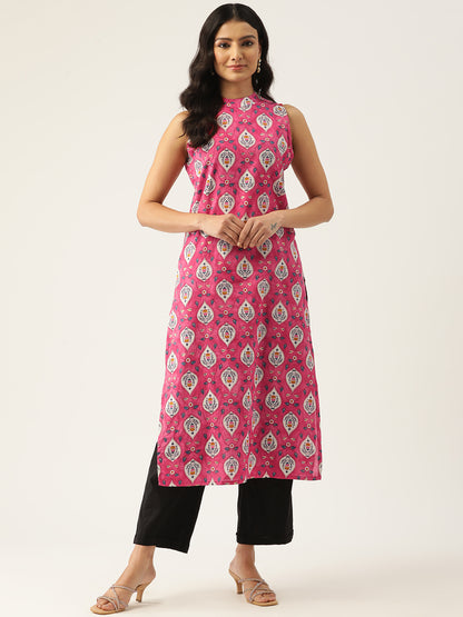 Feranoid Cotton Printed Sleeveless Straight Long Kurti FRKT6330