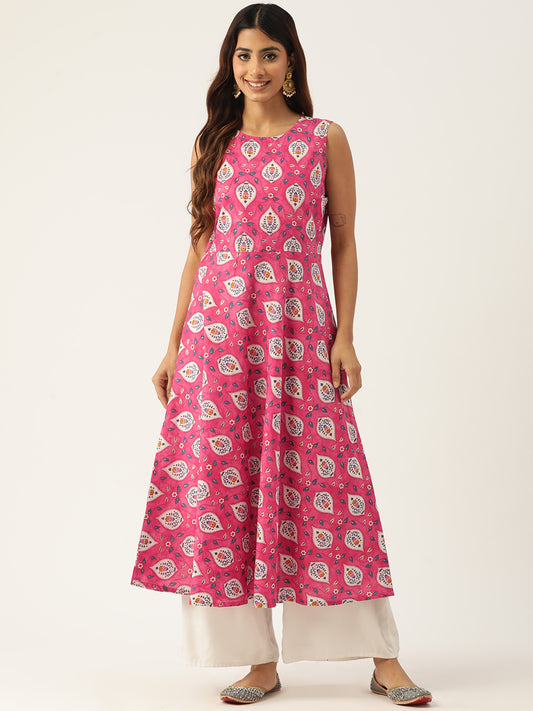 Feranoid Cotton Printed Sleeveless A-Line Flared Kurti FRKT6333