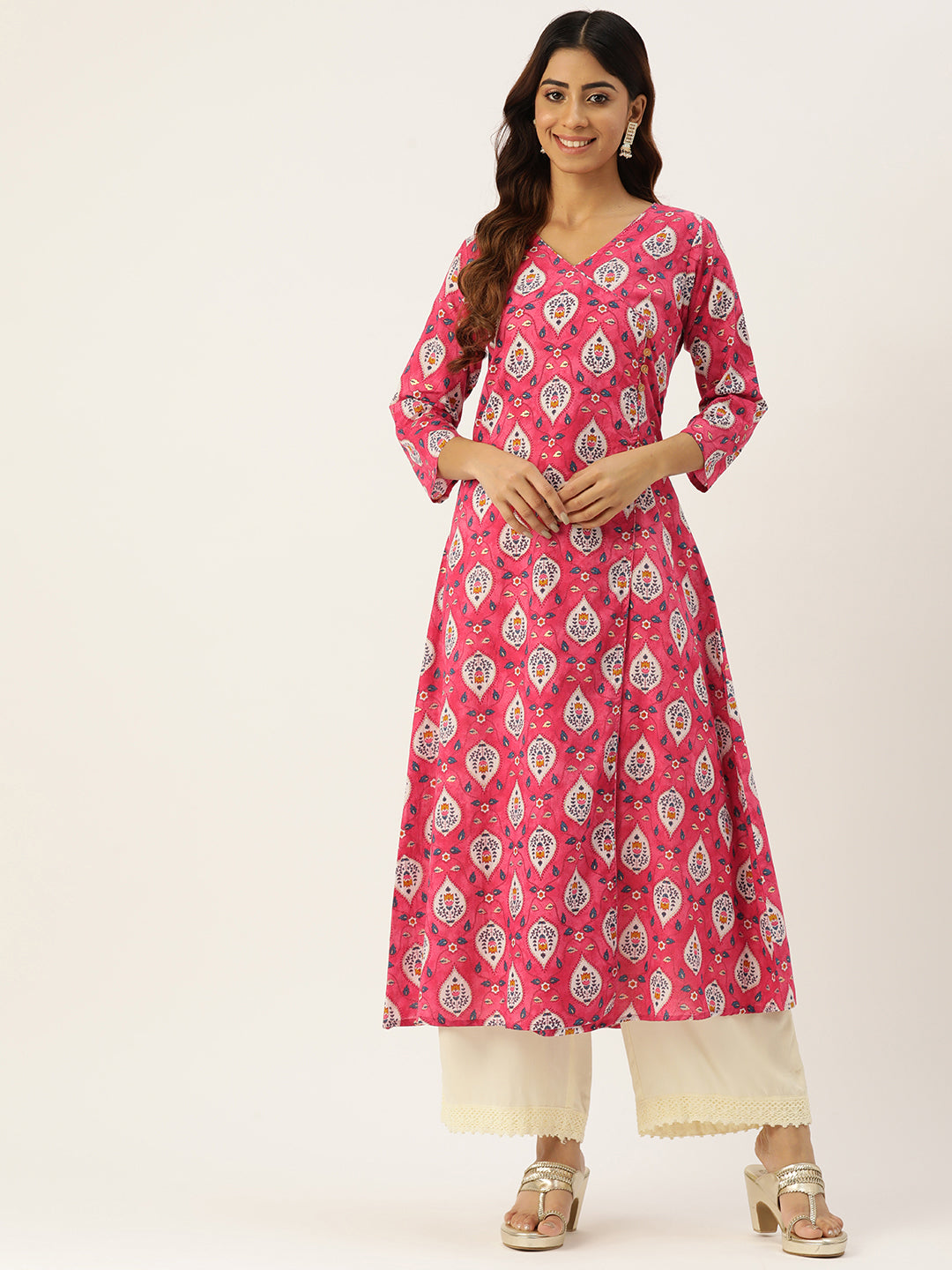 Floral Print 4 Button Angrakha Long Kurti FRKT6434