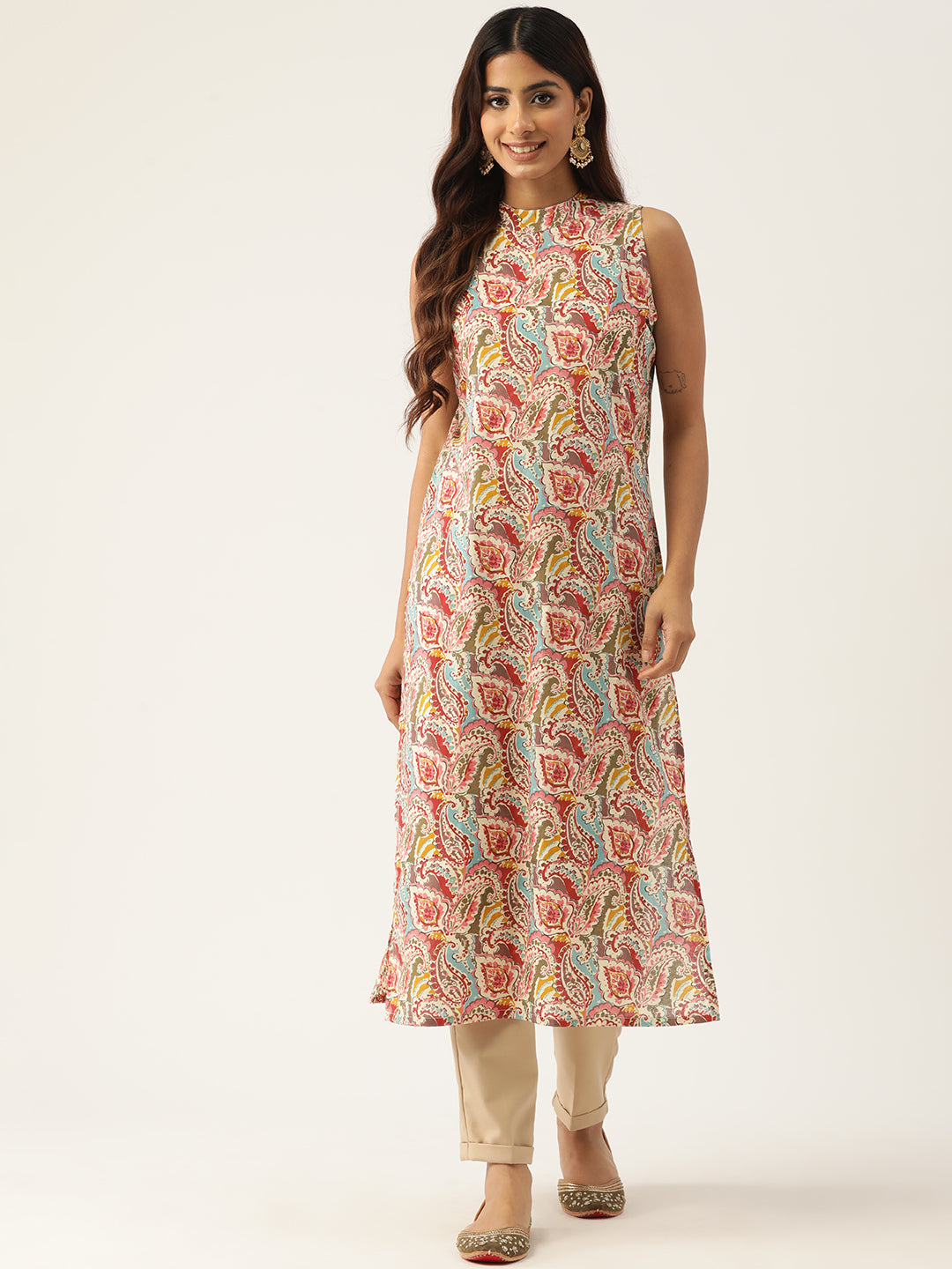 Feranoid Cotton Printed Sleeveless Straight Long Kurti FRKT6329